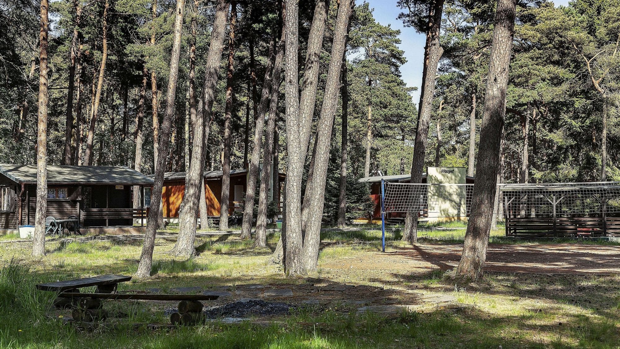 Teren ośrodka - boisko i domki wśród sosen