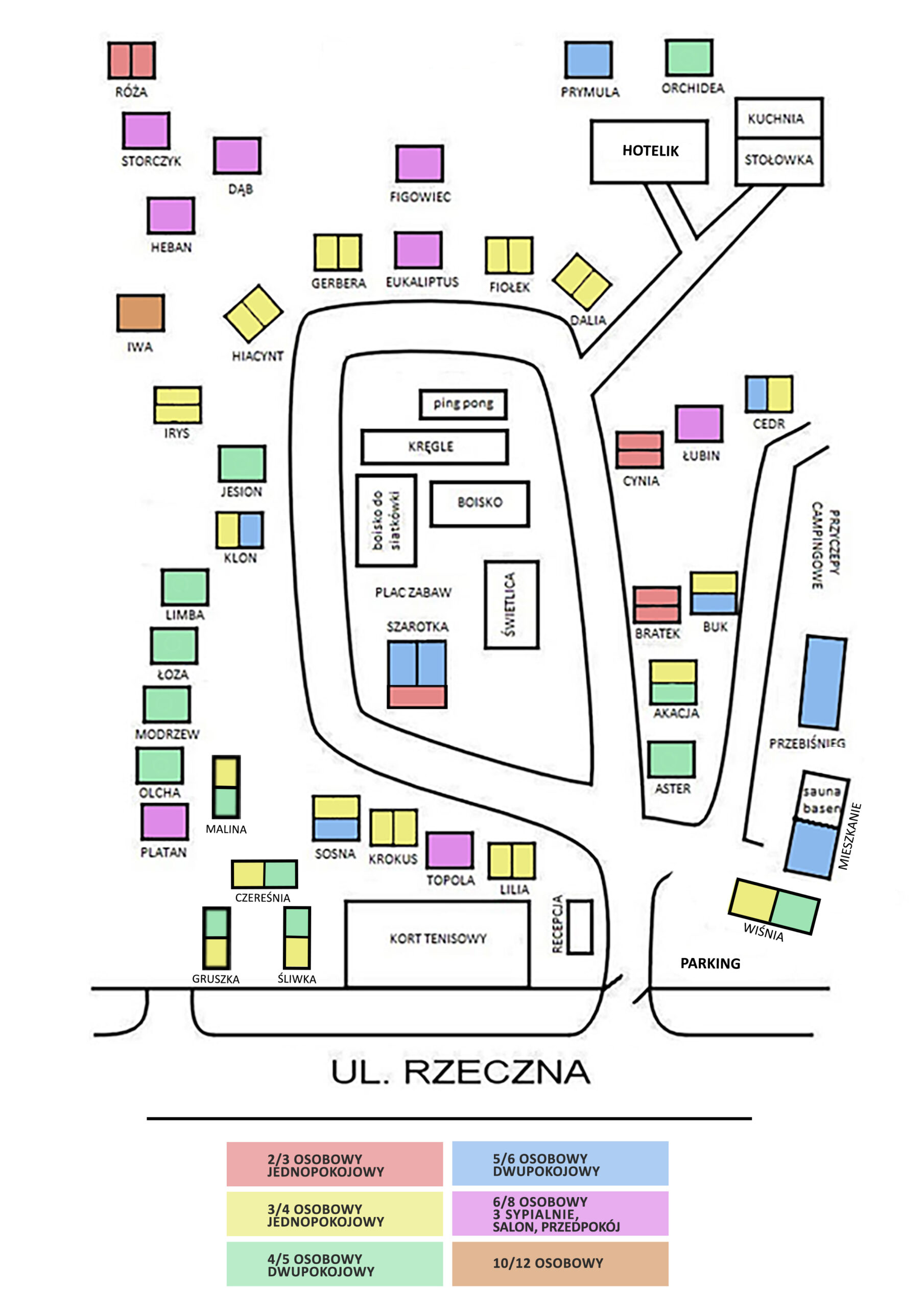 Mapka obiektu Terimex Pogorzelica 2026 z układem domków, atrakcji i parkingu
